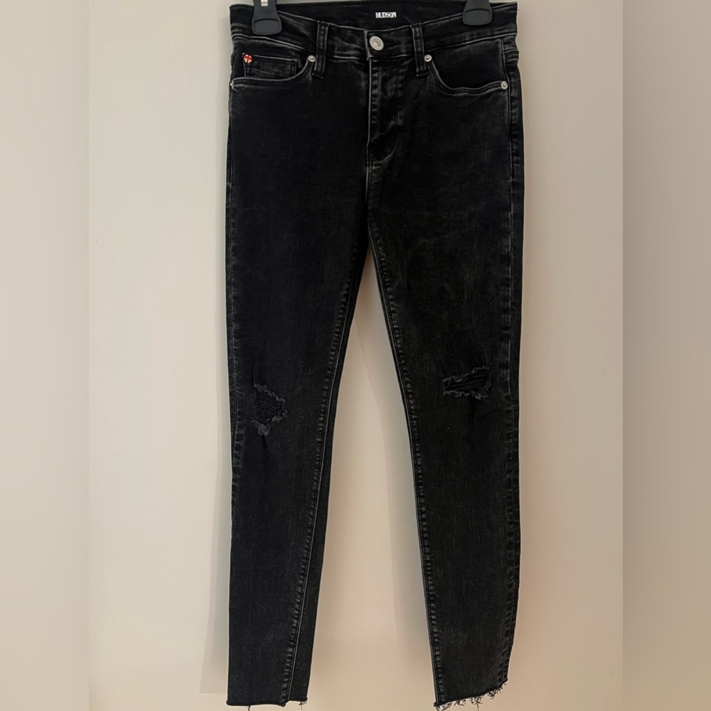 Hudson Womens Natalie Super Skinny Jeans Black Stretch Frayed Dark Wash Denim 26